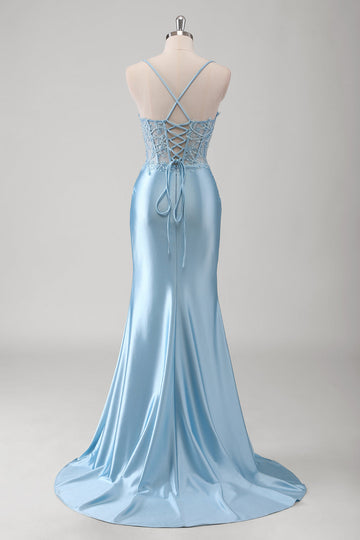 Mermaid Spaghetti Straps Corset Appliqued Blue Long Prom Dress with Slit